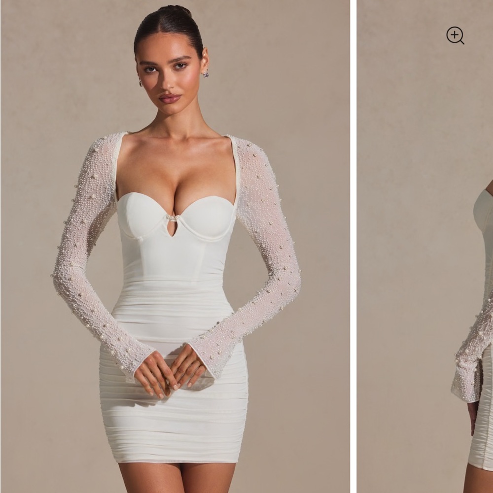 White Embellished Mesh Sleeve Bodycon Dress